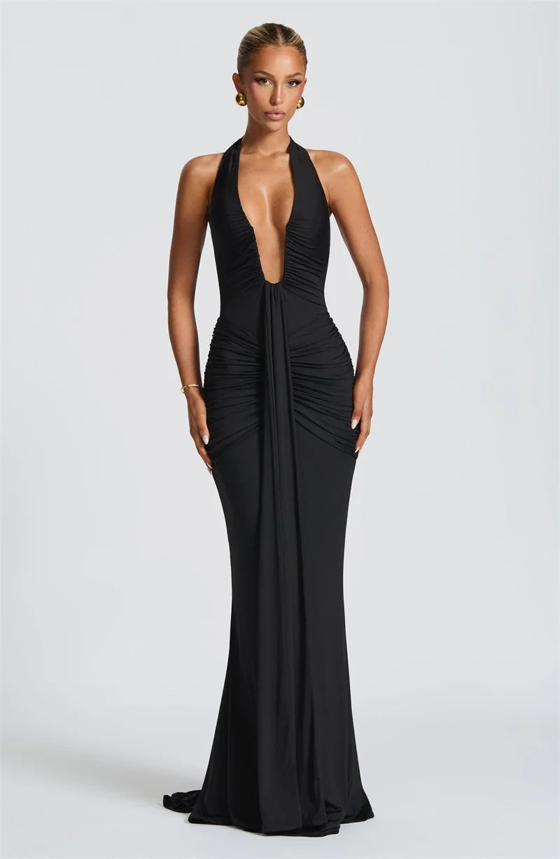 Elegant Deep V-Neck Halter Maxi Dress