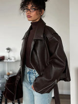 Women's Dark Red Zipper Leather Short Jackets Chic Long Sleeve Lace Up Lapel Loose Button Coat Lady Daily High Street Wear 2025