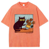 Cartoon Kitten Chrysanthemum Vase Print T-Shirt Round Neck Washed Shoulder Designer 2025 New Trendy Fashion Short Sleeves