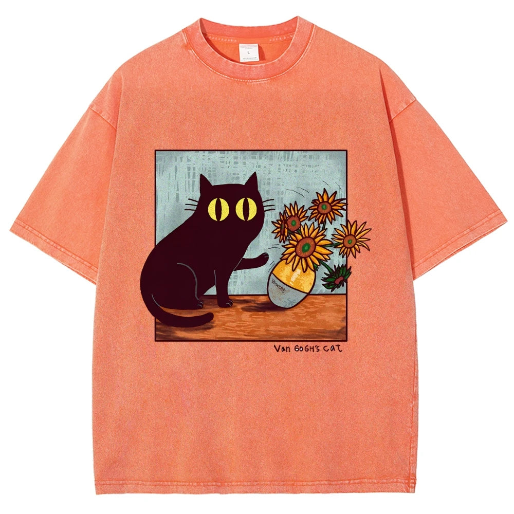 Cartoon Kitten Chrysanthemum Vase Print T-Shirt Round Neck Washed Shoulder Designer 2025 New Trendy Fashion Short Sleeves