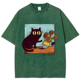 Cartoon Kitten Chrysanthemum Vase Print T-Shirt Round Neck Washed Shoulder Designer 2025 New Trendy Fashion Short Sleeves
