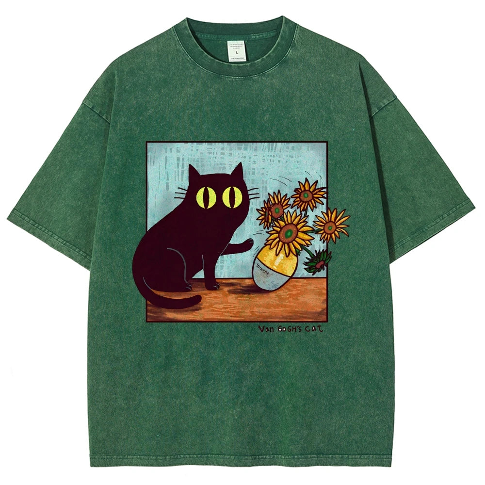 Cartoon Kitten Chrysanthemum Vase Print T-Shirt Round Neck Washed Shoulder Designer 2025 New Trendy Fashion Short Sleeves
