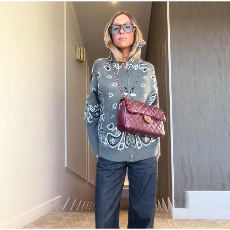 Vintage-Style Printed Knit Cardigan