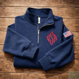 Y2K Navy Blue Quarter Zip Sweatshirt USA Embroidered American Flag Patch Jacket Men Women Vintage Streetwear Fashion Trend Top