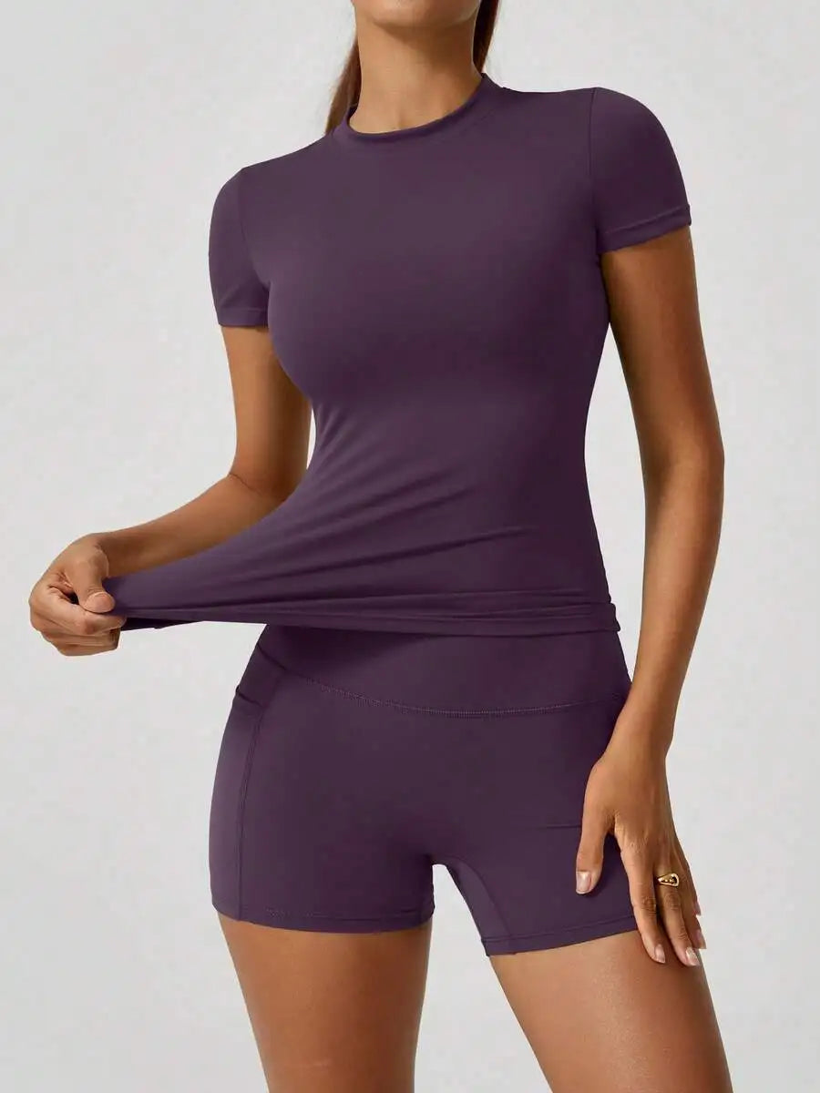 Women's Sculpting Sports Short Sleeve & High-Waist Shorts Set