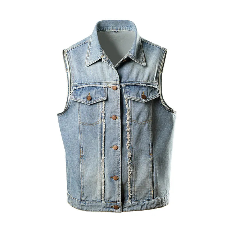 Unisex Retro Hong Kong Style Denim Vest Casual Fashion Sleeveless Waistcoat Trendy Loose Streetwear Outerwear Vest Tops Men