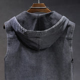 New Men's Loose Workwear Denim Vest with Hood Sleeveless Everyday Versatile Shoulder Pad Jacket Casual Unisex Outerwear