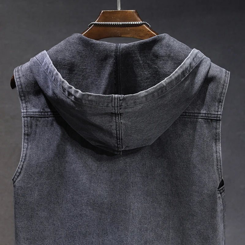 New Men's Loose Workwear Denim Vest with Hood Sleeveless Everyday Versatile Shoulder Pad Jacket Casual Unisex Outerwear