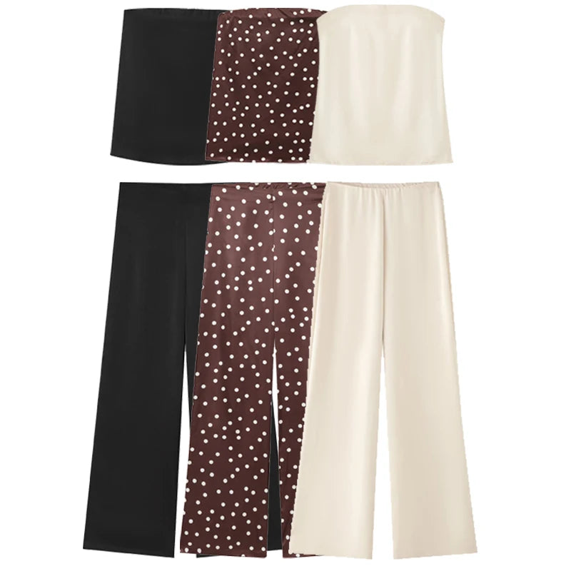 HXAO 2025 Off White Satin Pant Sets Women's Suit Off Shoulder Strapless Top Vest Set 2 Piece Woman Chic High Waist Trousers Sets