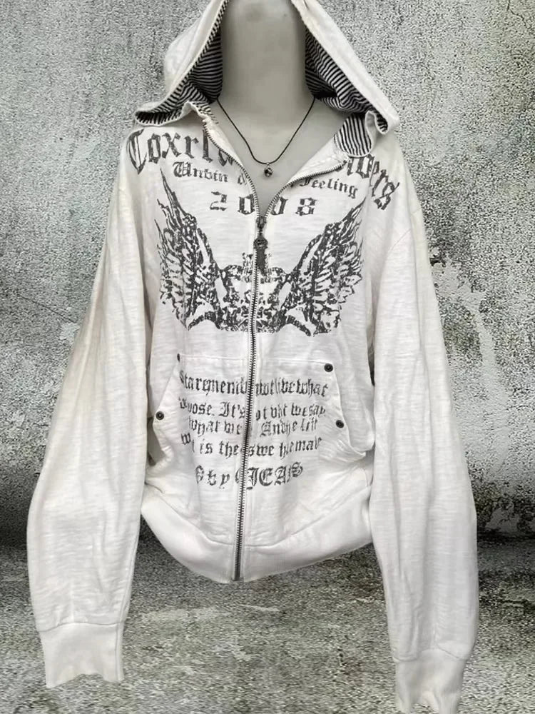 American Retro Printed Zipper Sweatshirt Women's Y2K New Harajuku Hip Hop Goth Casual Joker Long Sleeve Zipper Hoodie Streetwear