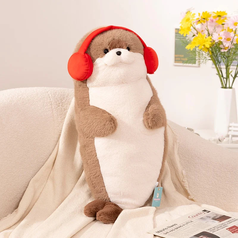 High Quality Cartoon Earphone Seal Sea Otter Plush Toy Ball Round Cushion Throw Pillow for Kids Birthday Gift School Nap Sleep