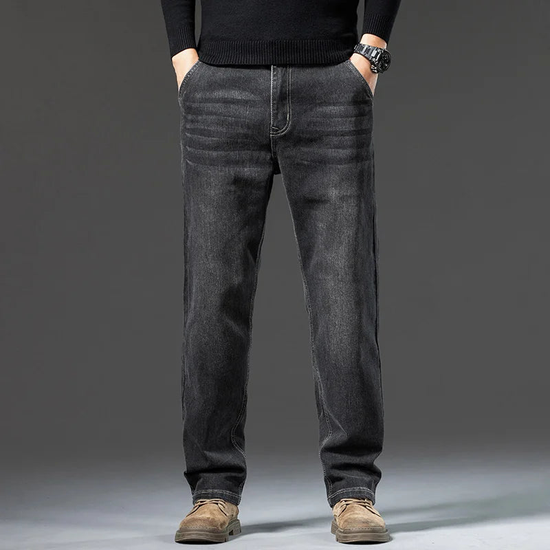 Men's Winter Fleece Thicken Lightweight Business Straight Leg Jeans Solid Color Versatile Slight Elastic Long Pants