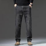 Men's Winter Fleece Thicken Lightweight Business Straight Leg Jeans Solid Color Versatile Slight Elastic Long Pants