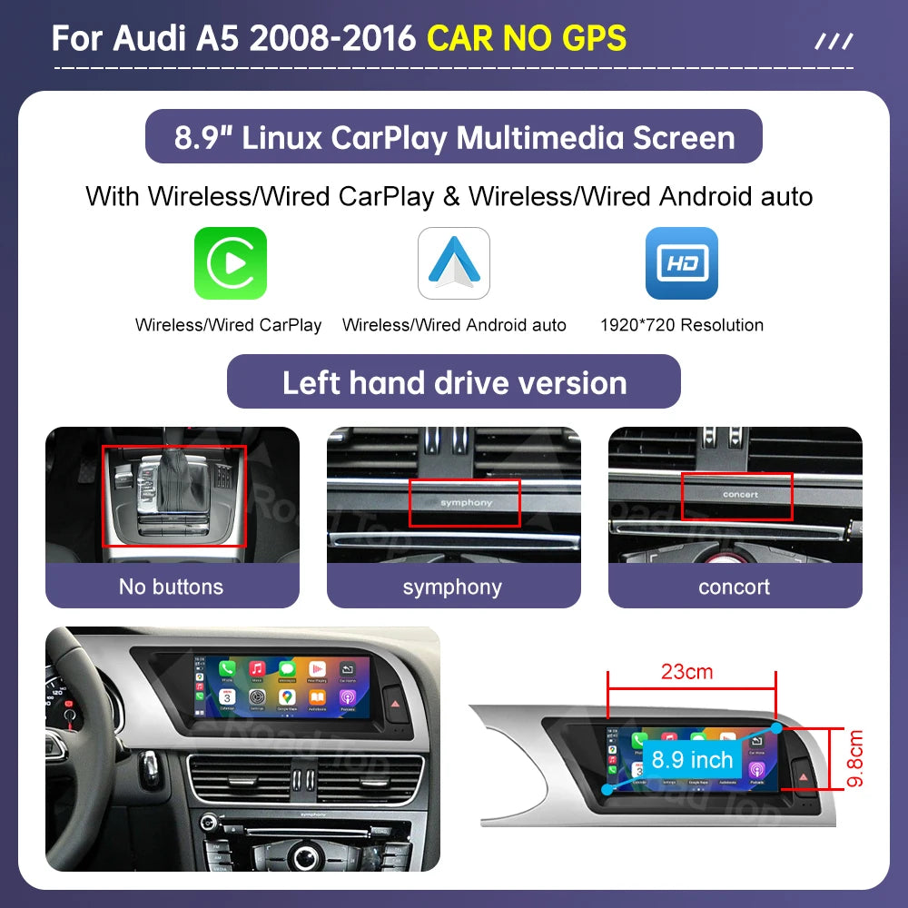 Road Top 8.8"/12.3" Touch Screen for Audi A5 2008–2016