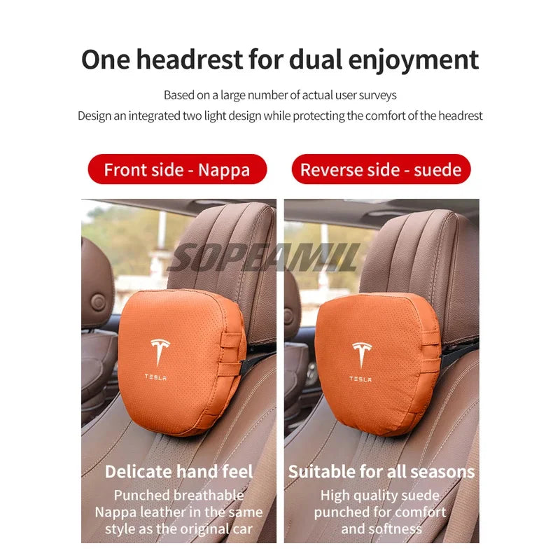 Car Double-Sided Suede Leather Headrest Neck Support Pillow Seat Waist Cushion Tesla Cybertruck Model 3 Model Y Model S Model X