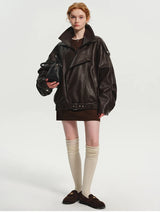 Lautaro Spring Autumn Cool Brown Oversized Pu Leather Jacket Women Long Sleeve Zip Up Luxury Designer American Retro Clothing
