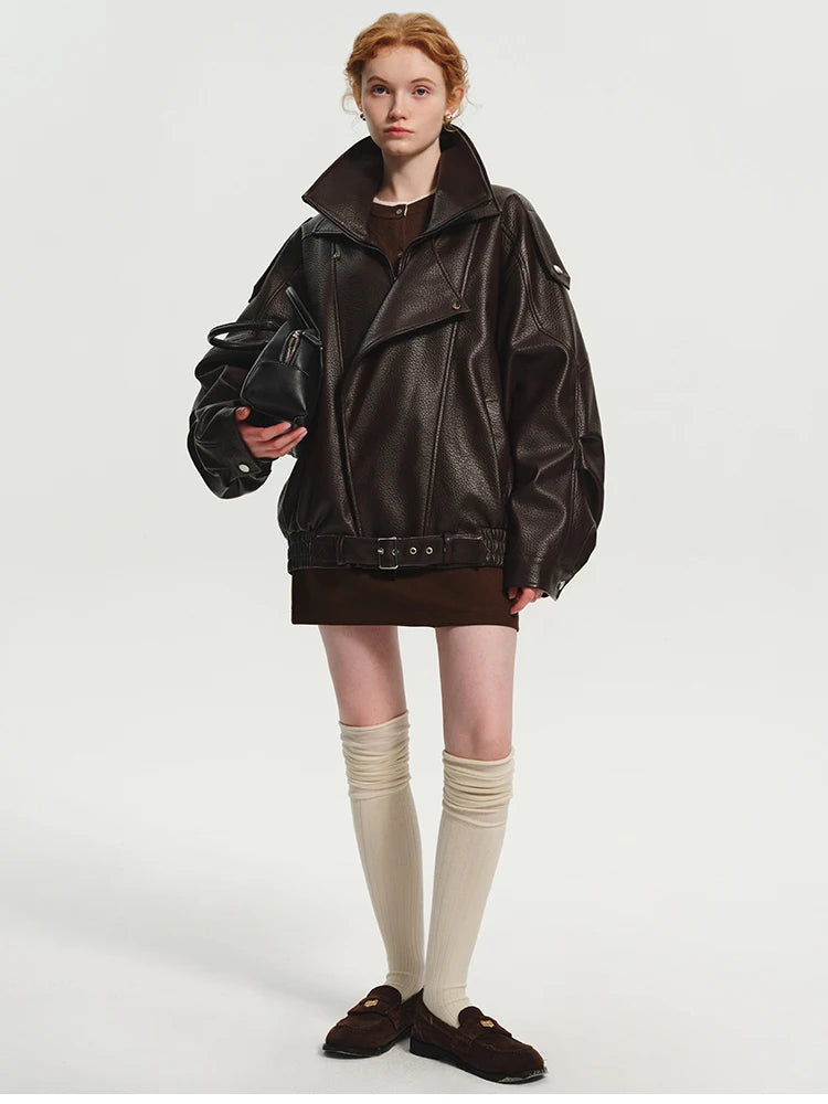 Lautaro Spring Autumn Cool Brown Oversized Pu Leather Jacket Women Long Sleeve Zip Up Luxury Designer American Retro Clothing
