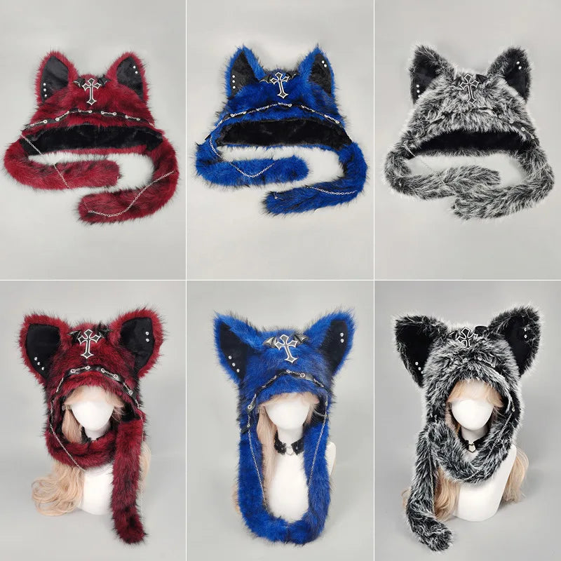 Gothic Plush Cat Ear Beanie – Y2K Punk Warm Cap