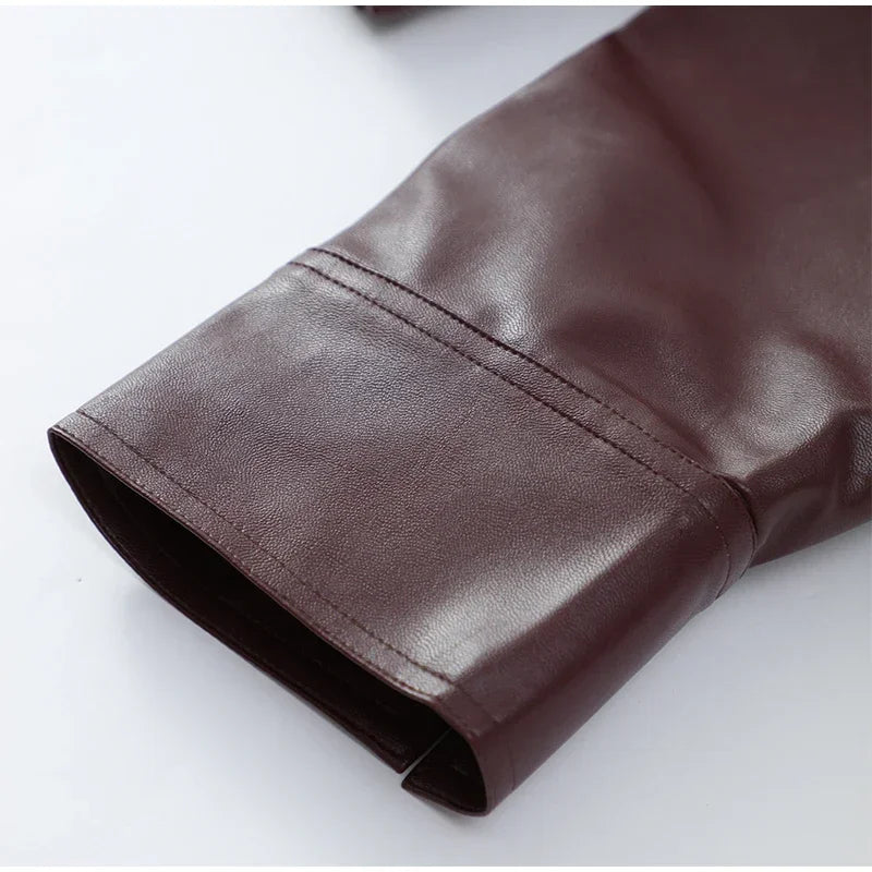 Vintage Wine Red Loose Short Leather Jacket Women Fashion Lapel Long Sleeves Zipper Cropped Coat 2025 Autumn Lady Street Outwear