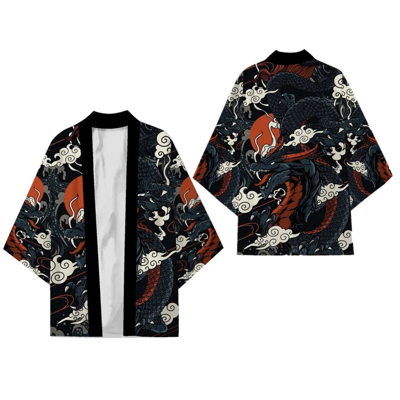 Men's Dragon Print Kimono Cardigan — Oversized Haori Yukata Shirt