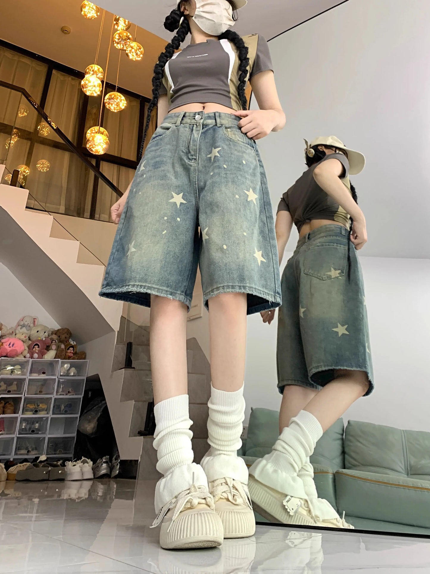 Floral Wide-Leg Women's Jeans – Retro Star Print