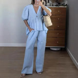 2025 New Women Solid Color V-Neck Bubble Short-Sleeved Trousers Suit Summer Women Short T-Shirt Top + Long Pants Two Peice Sets