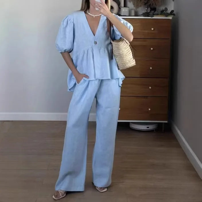 2025 New Women Solid Color V-Neck Bubble Short-Sleeved Trousers Suit Summer Women Short T-Shirt Top + Long Pants Two Peice Sets