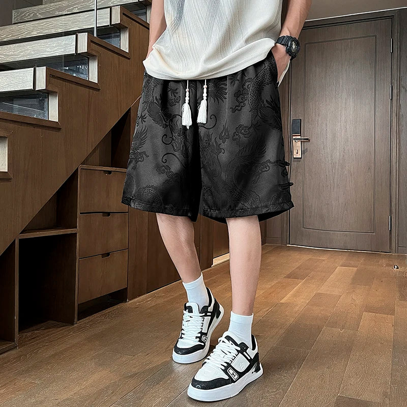 Men's Dragon Print Twill Shorts | Plus Size M–5XL