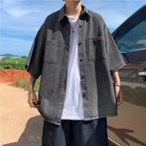 Men's Loose Fit Short Sleeve Denim Shirt Thin Summer Fashion Hong Kong Style Seven Sleeve Outerwear Trendy Casual Shirt