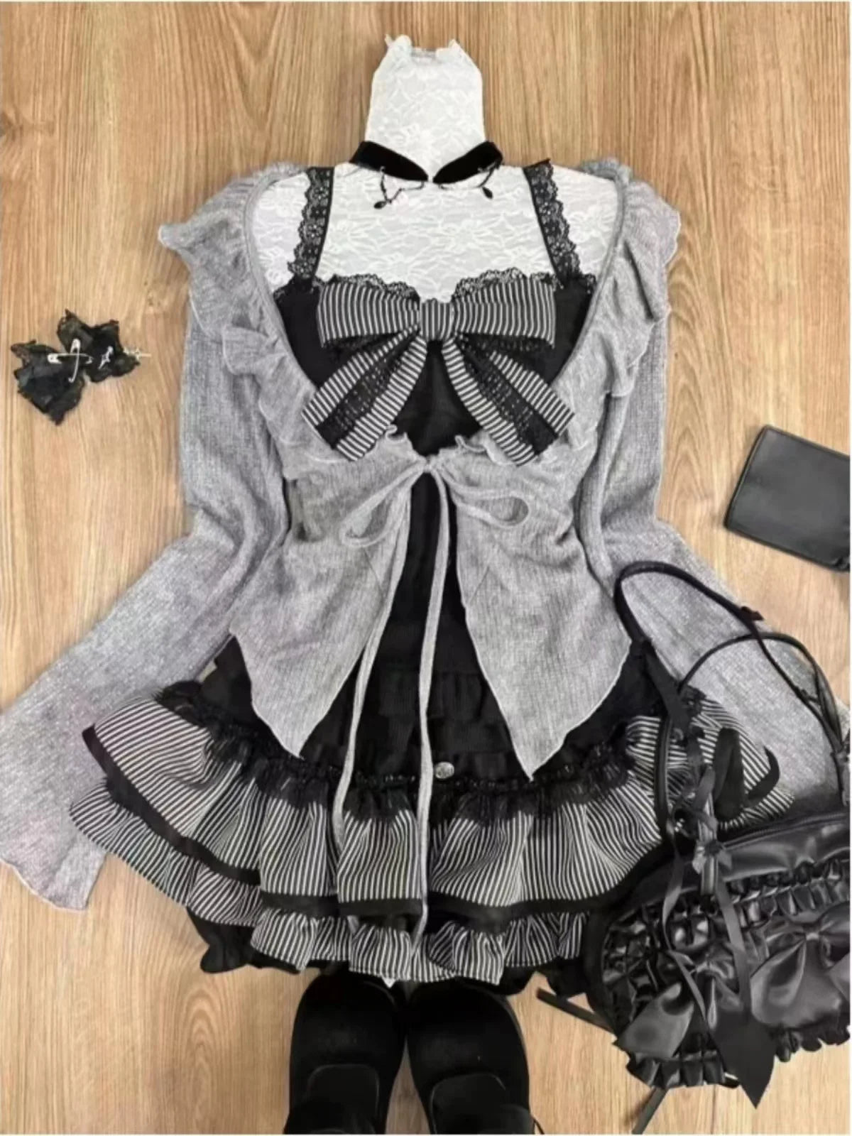 Spring Y2K Princess Outfits Women 2 Piece Sets Sweet Kawaii Bow Tops + Lace Pleated Skirt Female Retro Chic Preppy Style Clothes