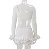 Shestyle Texture White Women 2 Piece Sets Autumn Ruffles Super Short Crop Tops V Neck Sheath Skirts Brand Design Party Outfits
