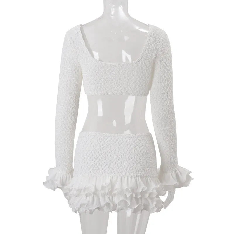 Shestyle Texture White Women 2 Piece Sets Autumn Ruffles Super Short Crop Tops V Neck Sheath Skirts Brand Design Party Outfits