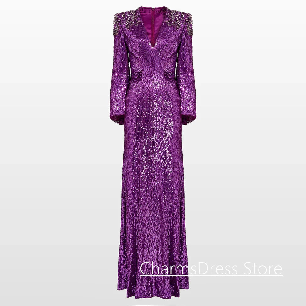 Sparkling Sequined Evening Dress Customized Deep V Neck Beading Crystal Formal Party Gown Robe De Soiree Prom Dresses
