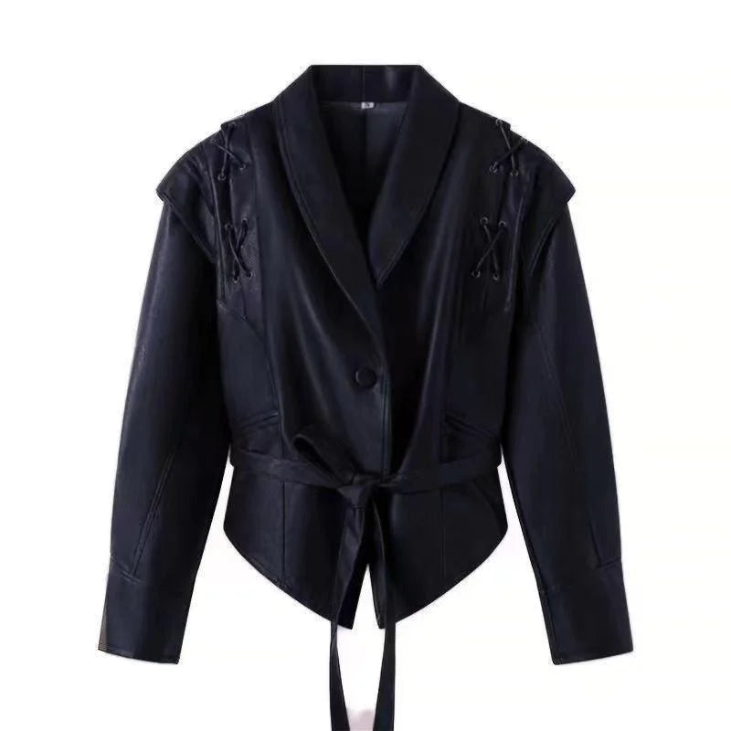Women Vintage Brown Leather Jacket Lapel Padded Shoulder High Waist Leather Coat With Belt 2025 Lady Autumn Fashion Short Coats