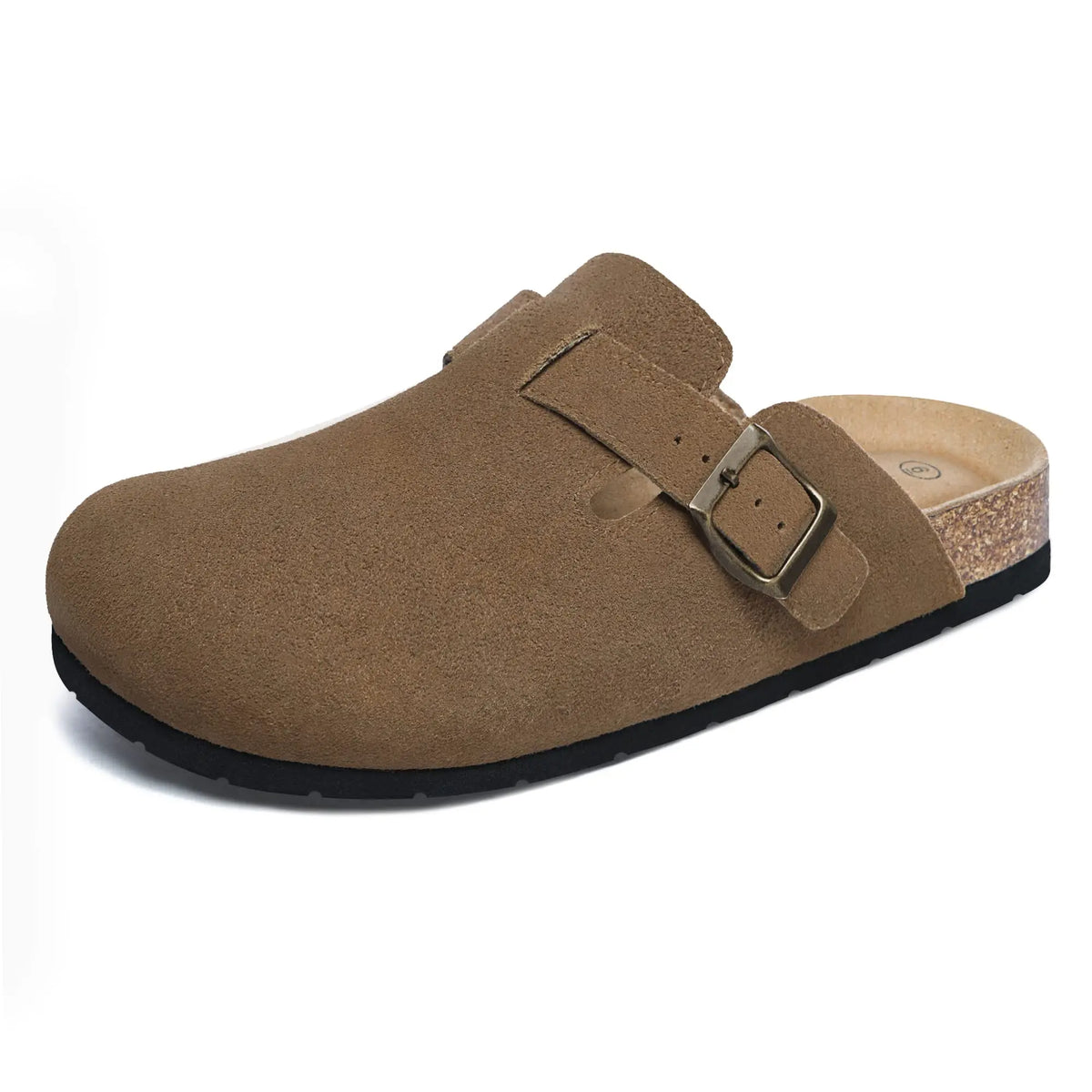 Evshine Men's Suede Clogs Fashion Leather Mules Cozy Footbed Slippers With Adjustable Buckle AntiSlip Cork Slippers Unisex Mules