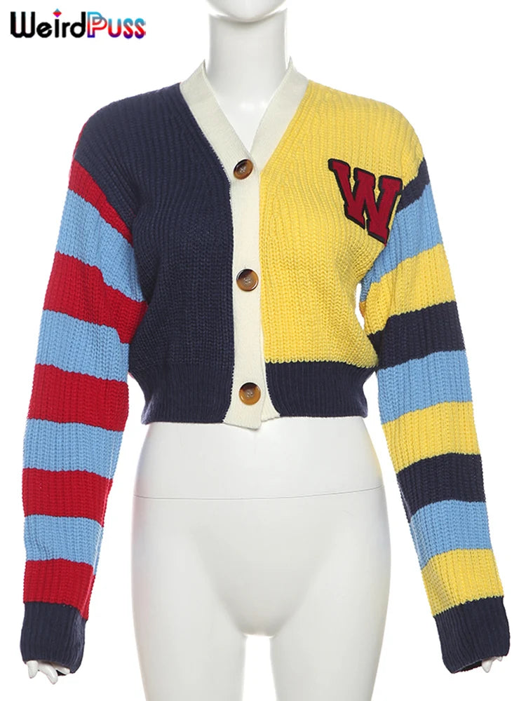 Y2K Letter Print Patchwork Cardigan
