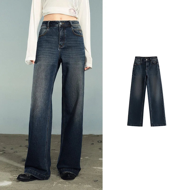 TOYOUTH Women Denim Jeans 2025 Autumn New Lycra Stretch Washed Wide Leg Straight Long Pants