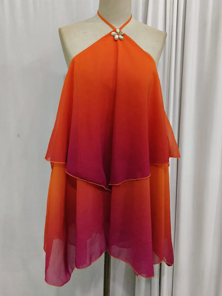 Women's Gradient Halter Backless Mini Dress – Elegant Mesh Off-Shoulder Party Gown