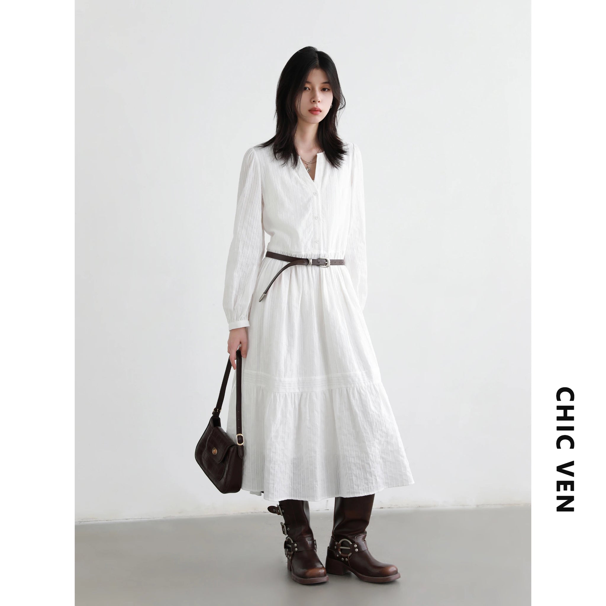 CHIC VEN Women Dress Sets A Line Long Sleeve Solid Loose Casual Female Long Dress with Knitted Vest Spring Autumn 2026
