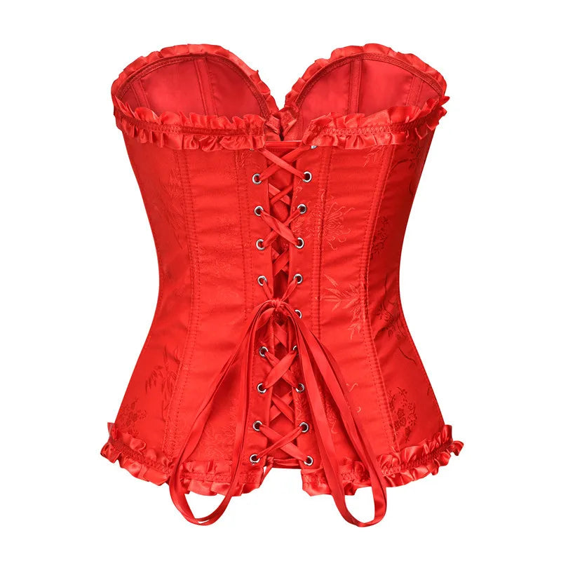 USA-Made Jacquard Ruffled Overbust Corset – Gothic Victorian Push-Up Bustier
