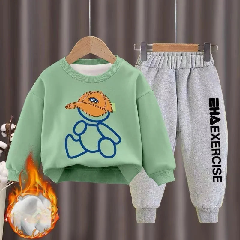 Kids' Winter Cartoon Bear Fleece Tracksuit