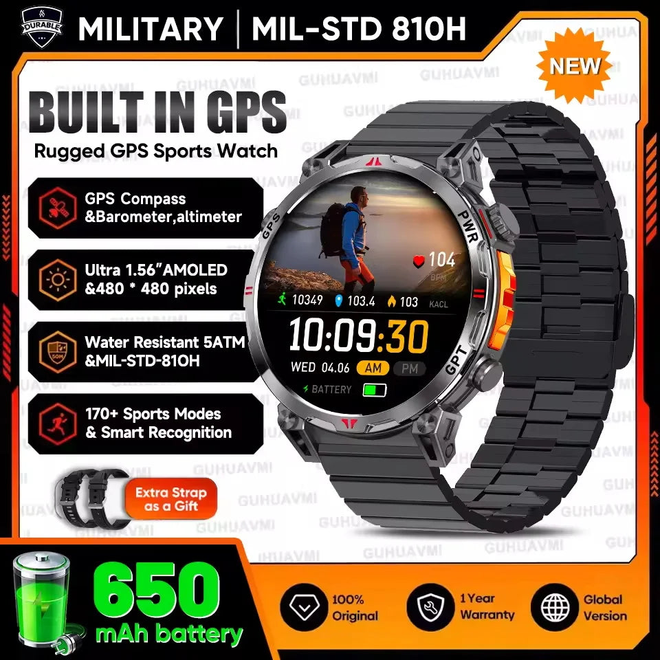 New Upgrade GPS Outdoor Sports SmartWatch Men With 5ATM Swim Compass Altimeter 1.56" AMOLED Heart Rate Bluetooth Call Smartwatch