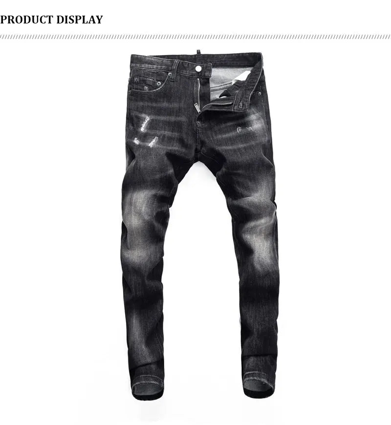 Men's Slim-Fit Distressed Black Grey Denim Jeans