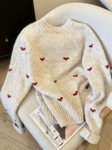 Women's Heart Print Round Neck Sweater