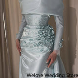Light Blue Formal Evening Dress with Off‑Shoulder Draped Collar, High‑Neck Lace Long Sleeves, Hand‑Sewn 3D Floral Appliqués