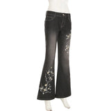 Weekeep Floral Embroidery Low Rise Flared Jeans Women