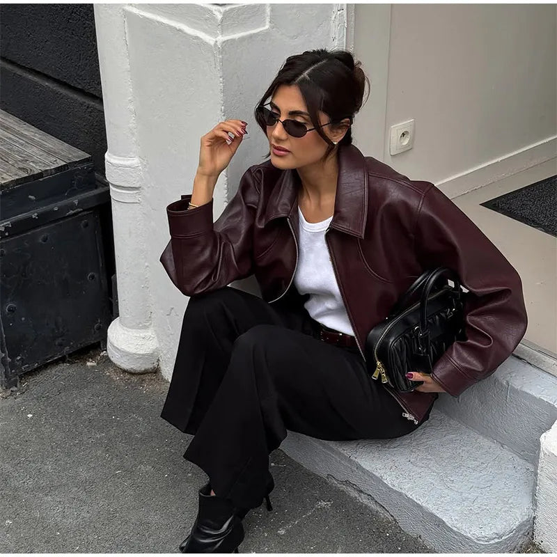 Women's Wine Red Pu Leather Short Jacket Fashion Autumn Lapel Collar Zipper High Street Loose Overcoats Ladies Button Outerwears