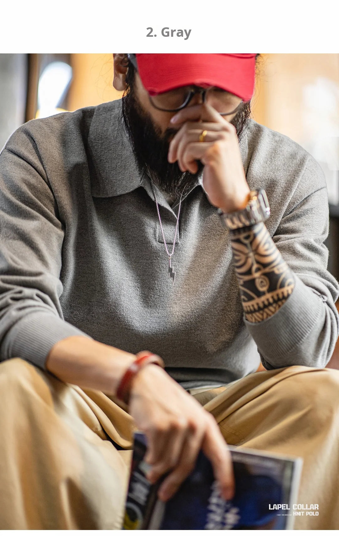 Maden Men's Vintage Long Sleeve Knit Polo