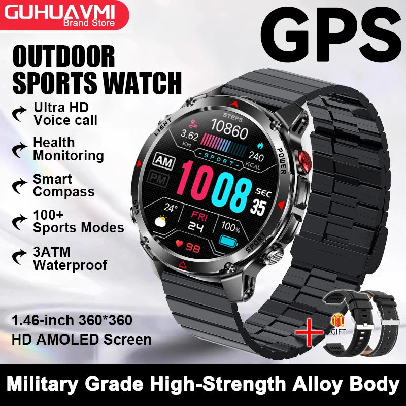 2026 New Military Bluetooth Call Smart Watch Built-in GPS Compass Barometric Altimeter 10ATM Waterproof Sports Smartwatches Men