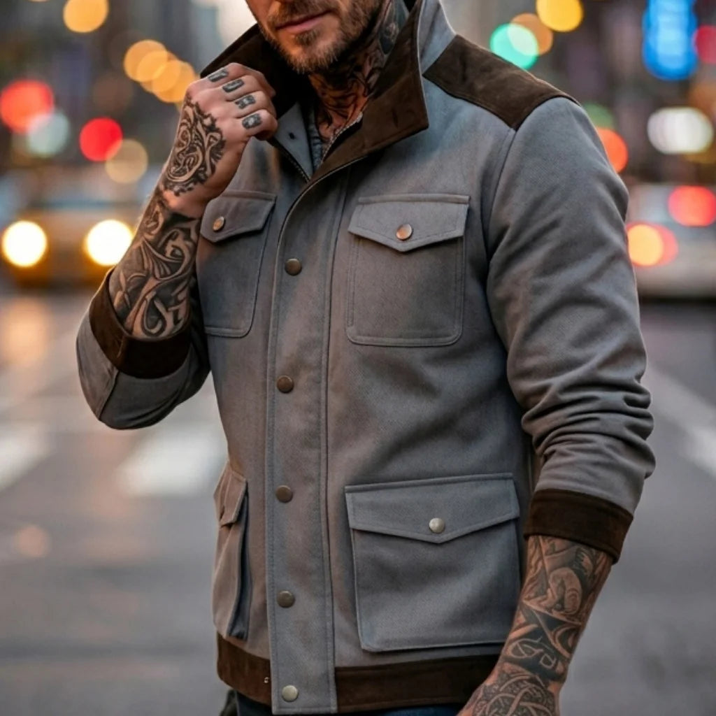 New Denim Men's Jacket Multi-pocket Fake Two Coats Denim Contrast Jacket Suede Matching Design Men's Streetwear Men's Denim Top